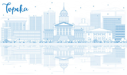 Outline Topeka Skyline with Blue Buildings and Reflections.