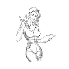 Vector vintage illustration with woman courier