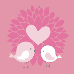 cute couple birds with heart and abstract dahlia flower on pink background