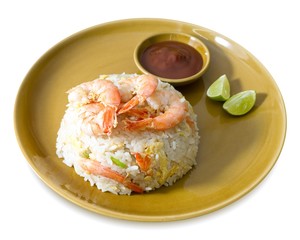 Shrimp Fried Rice with Tomato Sauce on White Background