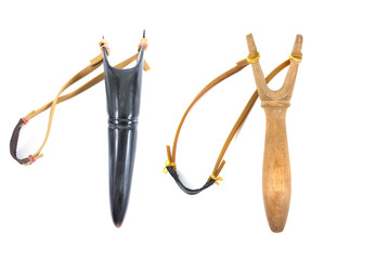catapult or slingshot isolated on white background.horn and wooden catapult isolated