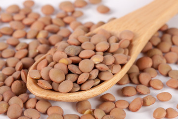 Lentils in a wooden spoon isolated on a white background