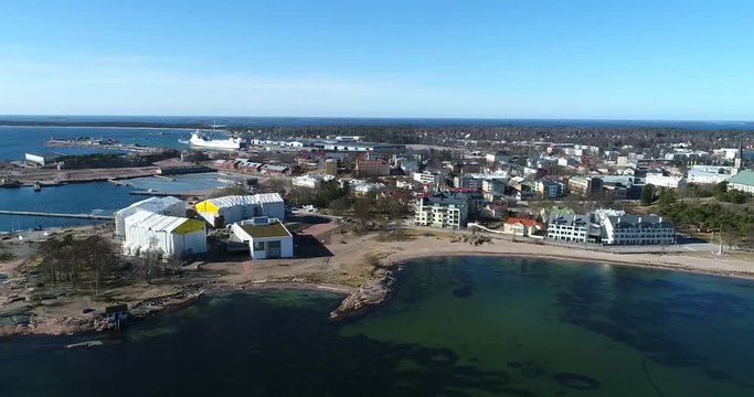 Hanko city, Cinema 4k aerial flight away view of the city, on a sunny spring day, in Hango, Finland