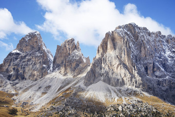 The Langkofel Group (in italian: Gruppo del Sassolungo) the massif mountain in the (western) Dolomites. View from Sella Pass. Italy, Europe.