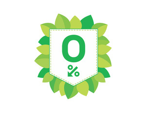 Green price tag label with 0% text designed with an arrow percent icon and stitches on it with leaves isolated on white background. For spring sale campaign.