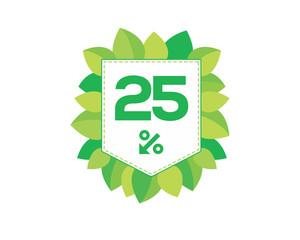 Green price tag label with 25% text designed with an arrow percent icon and stitches on it with leaves isolated on white background. For spring sale campaign.