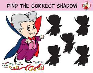 Little boy in a fancy suit vampire Dracula at the masquerade. Find the correct shadow. Educational game for children. Cartoon vector illustration.