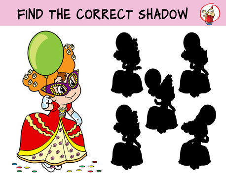 Cute little girl in fancy dress, with balloon at the masquerade. Find the correct shadow. Educational game for children. Cartoon vector illustration.