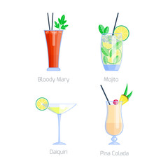 Set of alcoholic cocktails isolated fruit cold drinks tropical cosmopolitan freshness collection and party alcohol sweet tequila vector illustration.