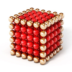 Red and gold spheres forming a cube shape. 3D illustration