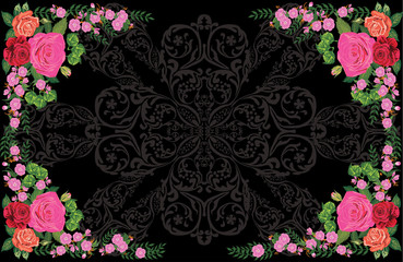 frame decorated by rose flowers on black and grey background