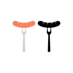Sausage on the fork vector icon. Set. Color and black illustration.