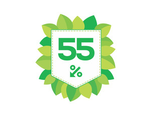 Green price tag label with 55% text designed with an arrow percent icon and stitches on it with leaves isolated on white background. For spring sale campaign.