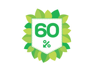 Green price tag label with 60% text designed with an arrow percent icon and stitches on it with leaves isolated on white background. For spring sale campaign.