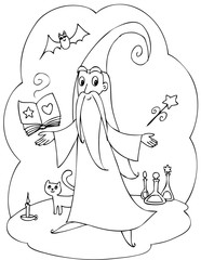 Old wizard with enchantment book, wand and magic bottles. Coloring vector.