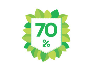 Green price tag label with 70% text designed with an arrow percent icon and stitches on it with leaves isolated on white background. For spring sale campaign.