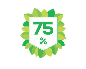 Green price tag label with 75% text designed with an arrow percent icon and stitches on it with leaves isolated on white background. For spring sale campaign.