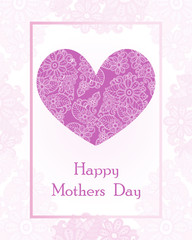 Happy Mother's Day. Postcard vector template with big pink heart. Design greeting with abstract flower.