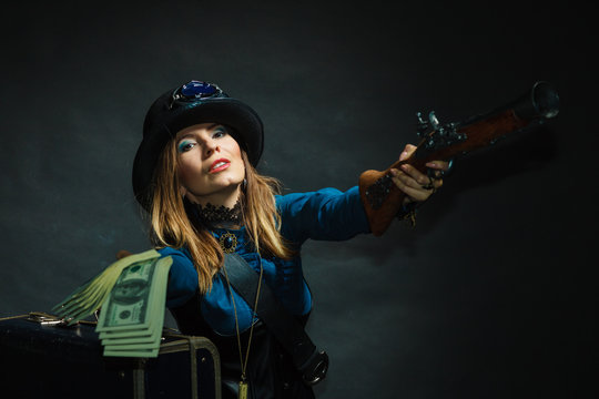 Steampunk girl with cash.