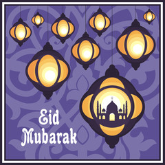 Fototapeta premium Ramadan greeting card with the image of the beautiful lanterns, mosque and east ornament in Moorish style. Vector template
