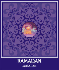 Ramadan greeting card with the image of the beautiful mosque and east ornament in Moorish style. Vector template