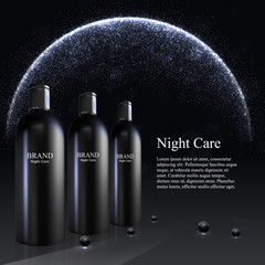 Cream skin toner bottles isolated on the black background with pearls. 3D Realistic vector illustration