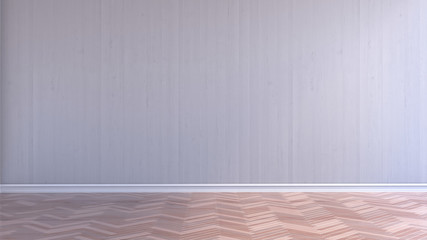  Empty interior room with white wood wall and wood parquet floor, 3d rendering