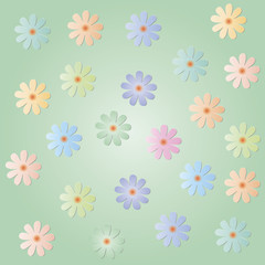 Fototapeta na wymiar Multicolored flowers on a light green background.