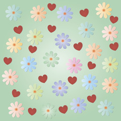 Various flowers with hearts on a light green background. Background for a congratulatory message
