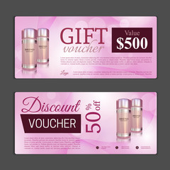 Gift voucher template. Can be use for shopping cards, discount coupon, banner, discount card , web design and other. Vector illustration. Cosmetic 3D Realistic illustration