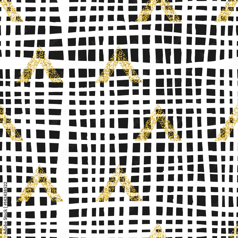 Poster Gold geometric triangle with hand drawn cells background. Abstract semless pattern.