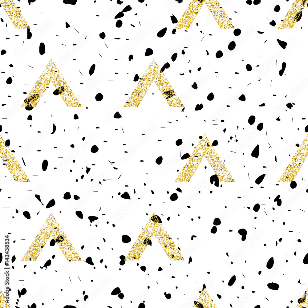 Poster Gold geometric triangle with chaotic black glitch vector objects background. Modern golden seamless pattern