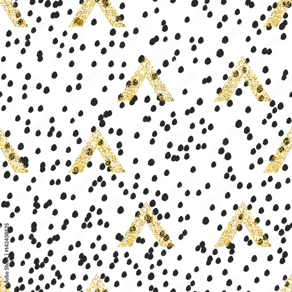 Poster Gold geometric triangle with chaotic black doodle dots vector objects background. Modern golden seamless pattern