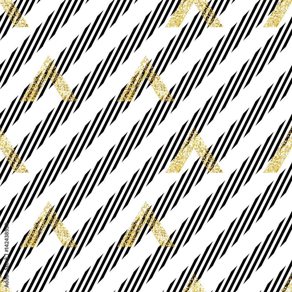 Poster Gold geometric triangle with diagonal lines background. Modern golden seamless pattern