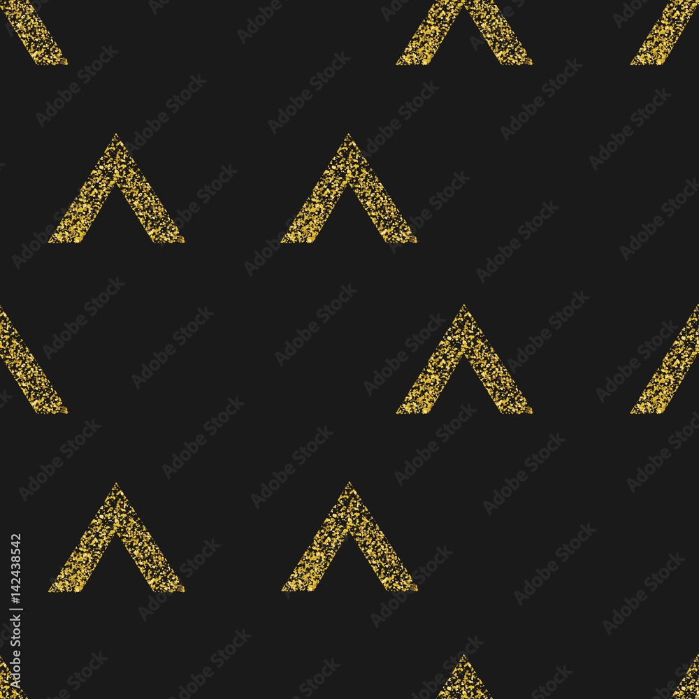 Poster Gold geometric triangle on black background. Abstract semless pattern.