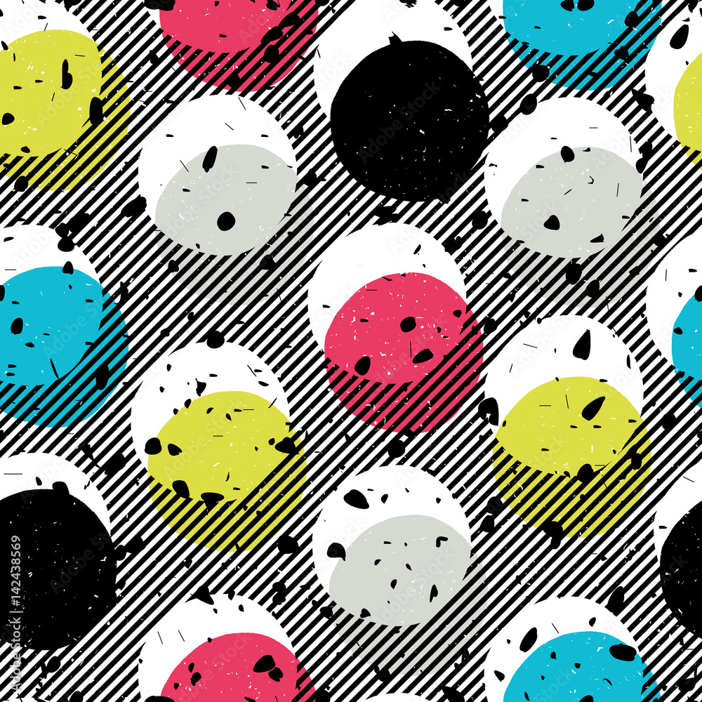 Poster Pop-art style seamless print. Yellow, Cyan, Blue, Black Circles on Diagonal lines Background and chaotic particles pattern. Abstract Fashion Seamless Pattern.