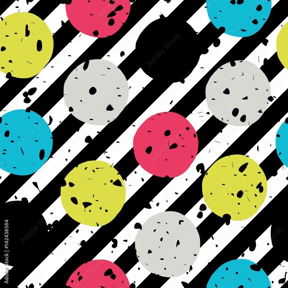Poster Pop-art style seamless print. Yellow, Cyan, Blue, Black Circles on Diagonal lines Background and chaotic particles pattern. Abstract Fashion Seamless Pattern.