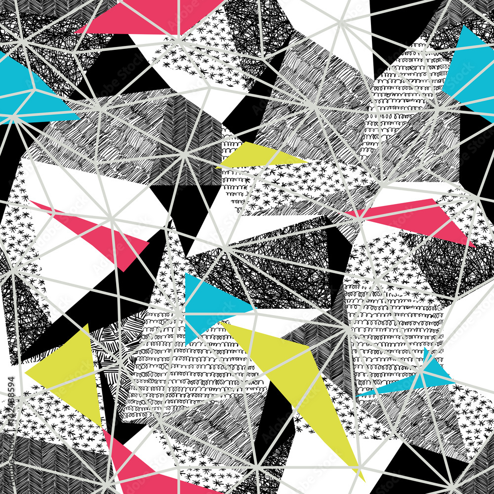 Aufkleber Geometric seamless pattern in retro pop-art style. Vintage background. Triangles and hand drawn patterns. Light Grey Triangular facets. Pink and Cyan and yellow color seamless Triangles