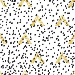 Gold geometric triangle with chaotic black doodle dots vector objects background. Modern golden seamless pattern