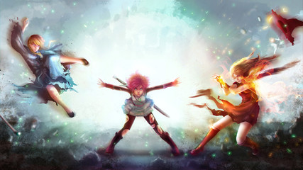 Cartoon illustration of a warrior girl blasting magic power attack to women witch and sorcerer in Japanese manga fantasy concept.  © 9'63 Creation