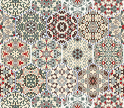 A rich set of hexagonal ceramic tiles. Colorful elements in oriental style. Vector illustration.