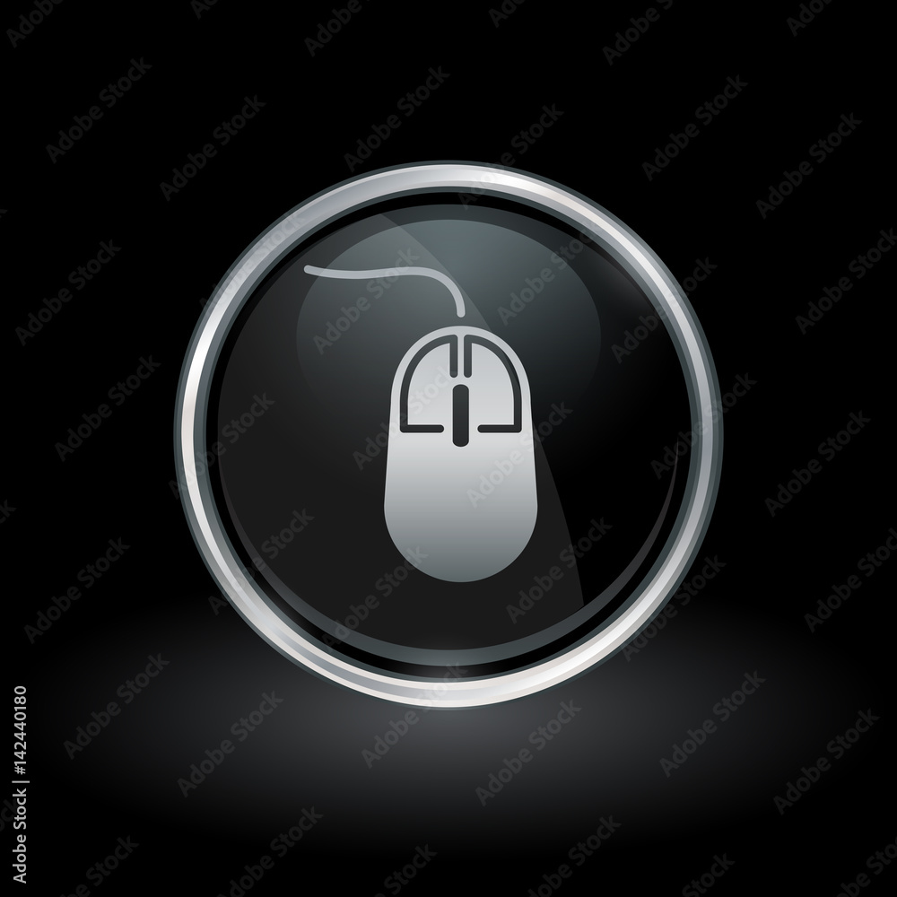 Wall mural pc accessory symbol with computer mouse icon inside round chrome silver and black button emblem on b