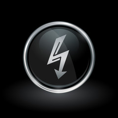 Electric strike symbol with bolt arrow icon inside round chrome silver and black button emblem on black background. Vector illustration.