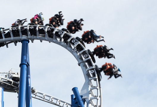 The Roller Coaster Track on background of blue sky.