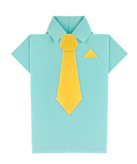Blue shirt with yellow tie and shawl of origami, isolated