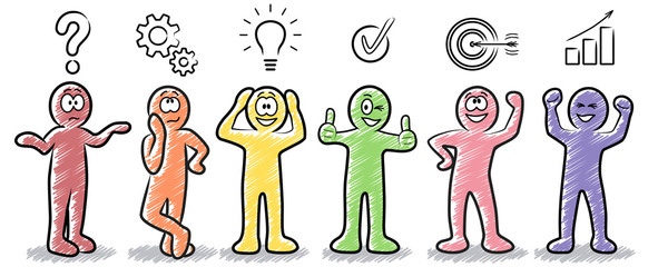 Farbige Strichmännchen: Problemlösung / Planungskonzept / Lösungskonzept