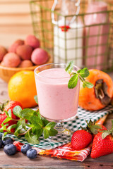 Blueberry smoothie   and fruits. Selective focus. Copy space. Top view
