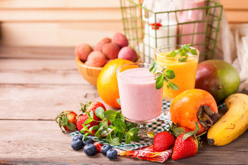 Blueberry smoothie   and fruits. Selective focus. Copy space. Top view