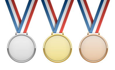 Gold, silver, bronze award medals with ribbons