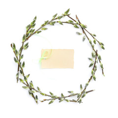 Pussy-willow branches circle frame. Decorative wreath on white background perfect for easter card...
